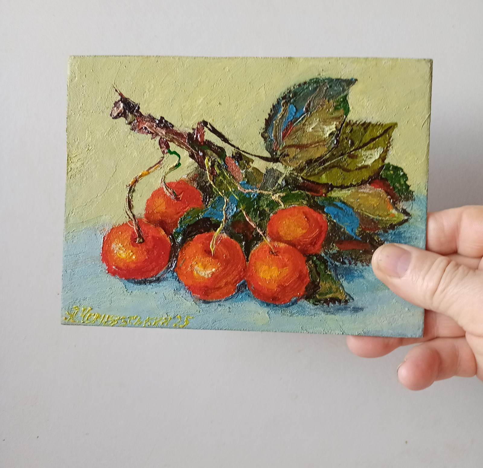 Cherries Impasto Painting Original Art Impression Oil Painting 5.2 x 6.8 in