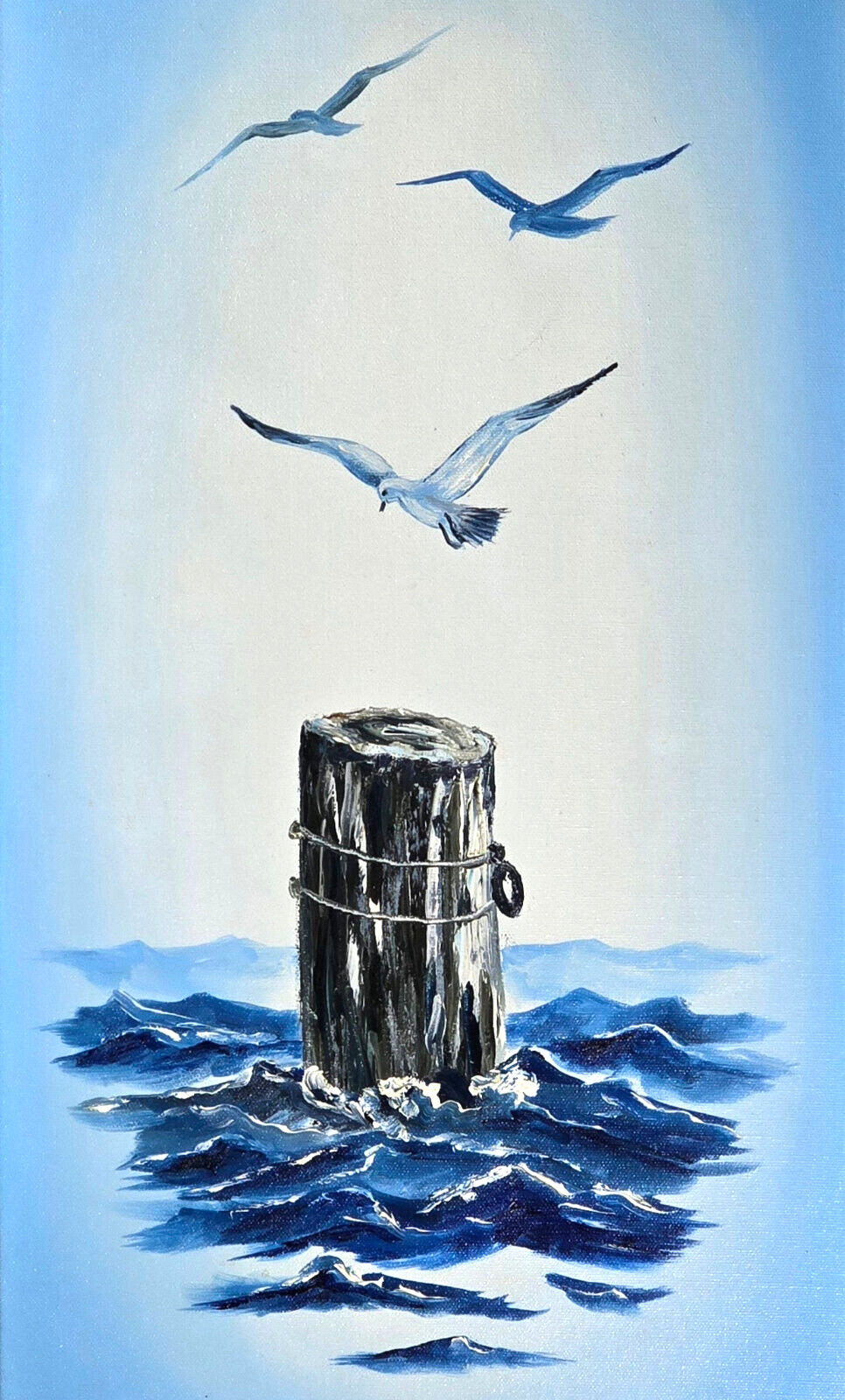 Diptych Set of 2 Oil Paintings on Canvas, Sea Gulls, Ocean, Beach, Blue VTG 1970