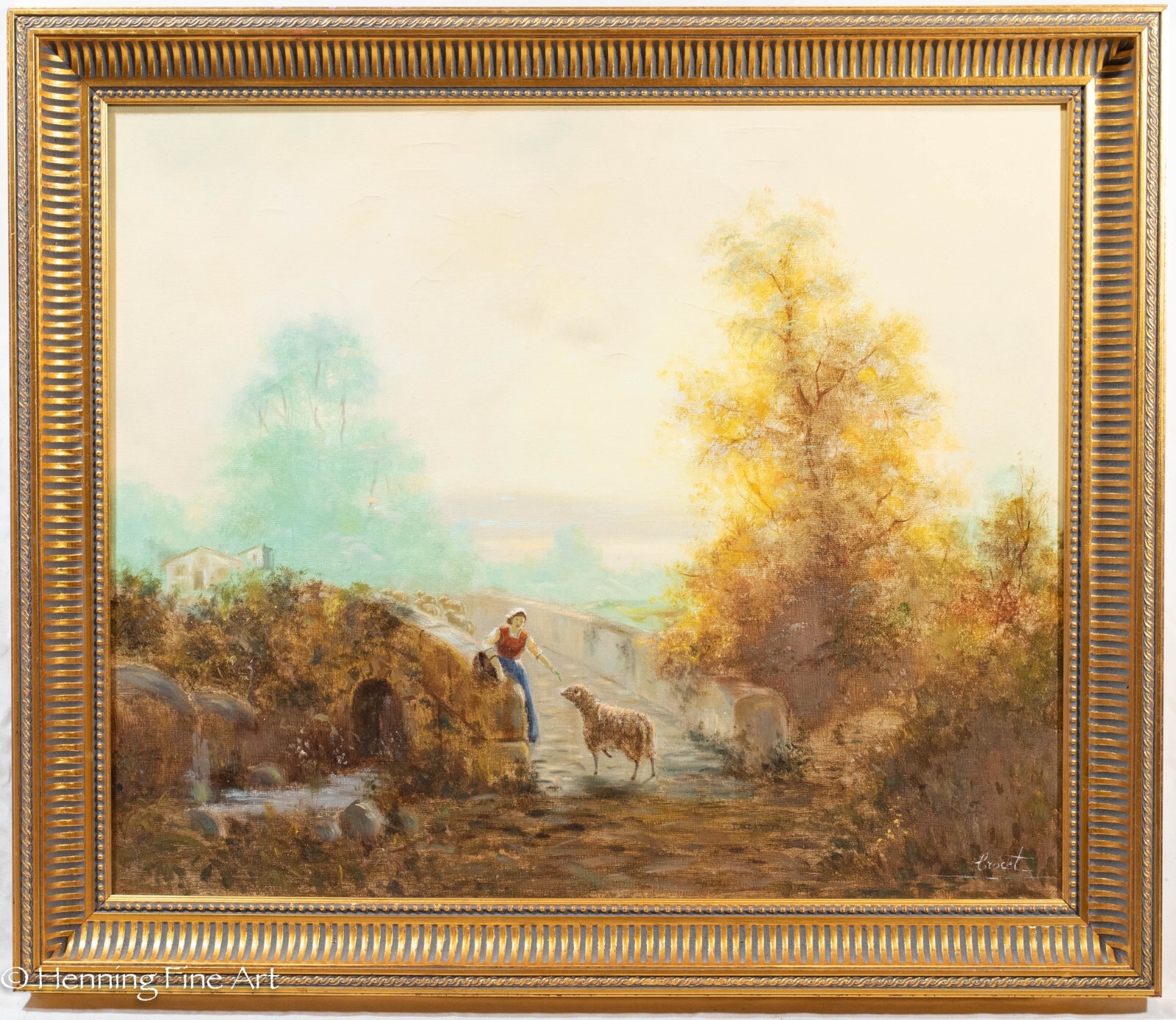 Beautiful European Landscape Oil Painting Woman Stone Bridge with Sheep Signed