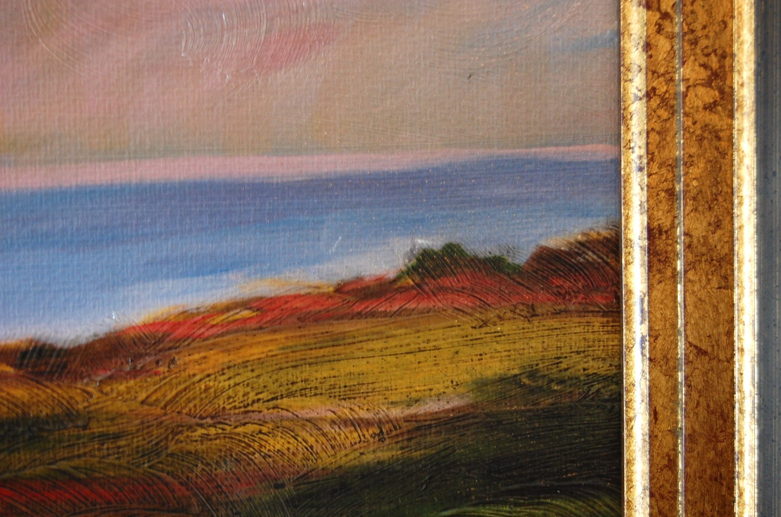 VINTAGE 1990’S FRAMED ABSTRACT OIL SEASHORE AT DUSK LANDSCAPE ARTIST: M. PEARSON
