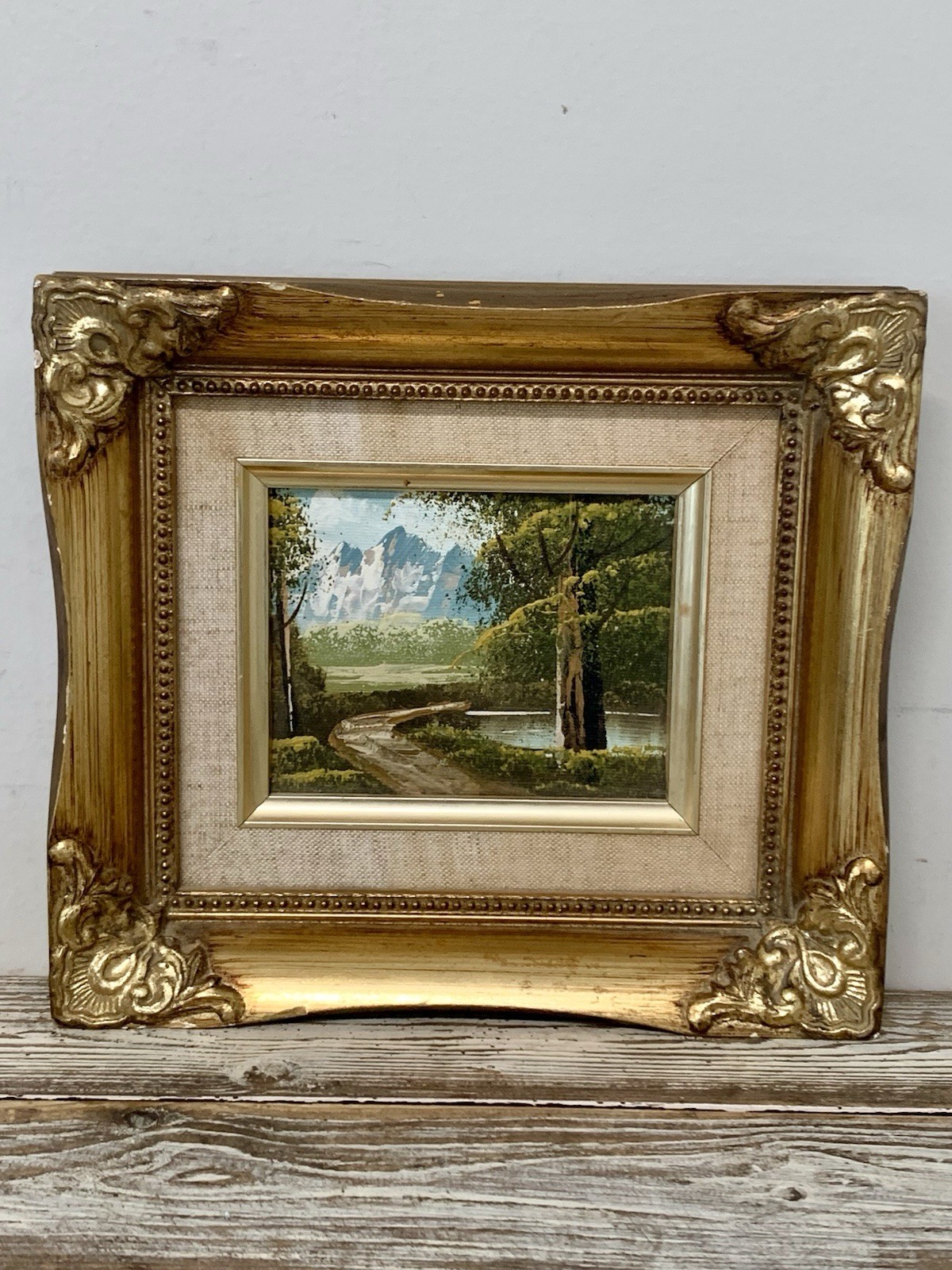 VTG Mini Oil Painting Mountain/Road/Landscape Wood Gold Gilt Ornate Frame 9×8”