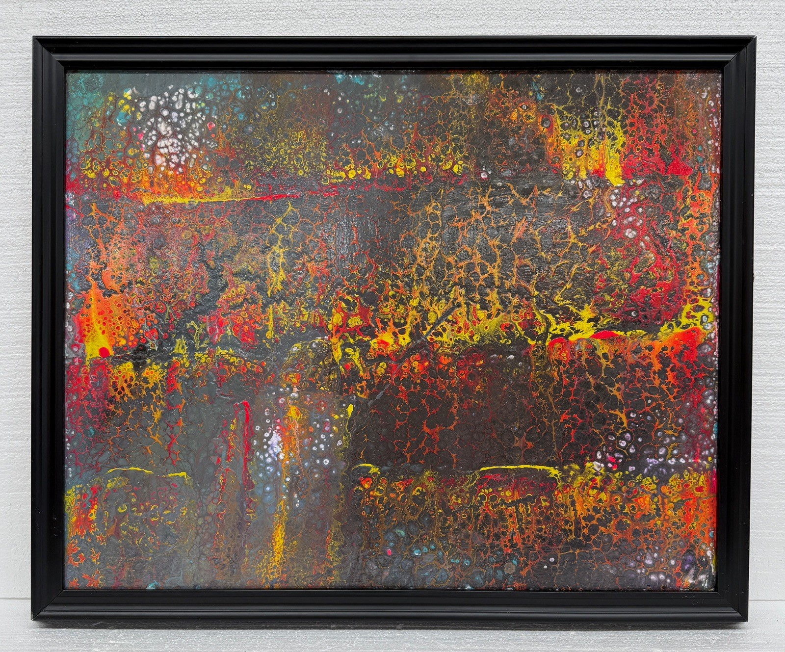 Original 32″ Abstract Acrylic Free Pour Red Orange Blue Fluid Framed Canvas Art