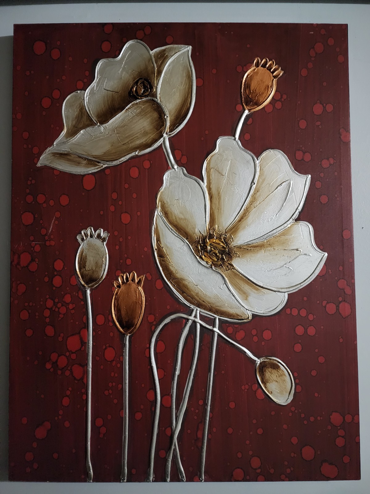 Abstract Contemporary Floral Painting White Flowers on Red Background Unframed