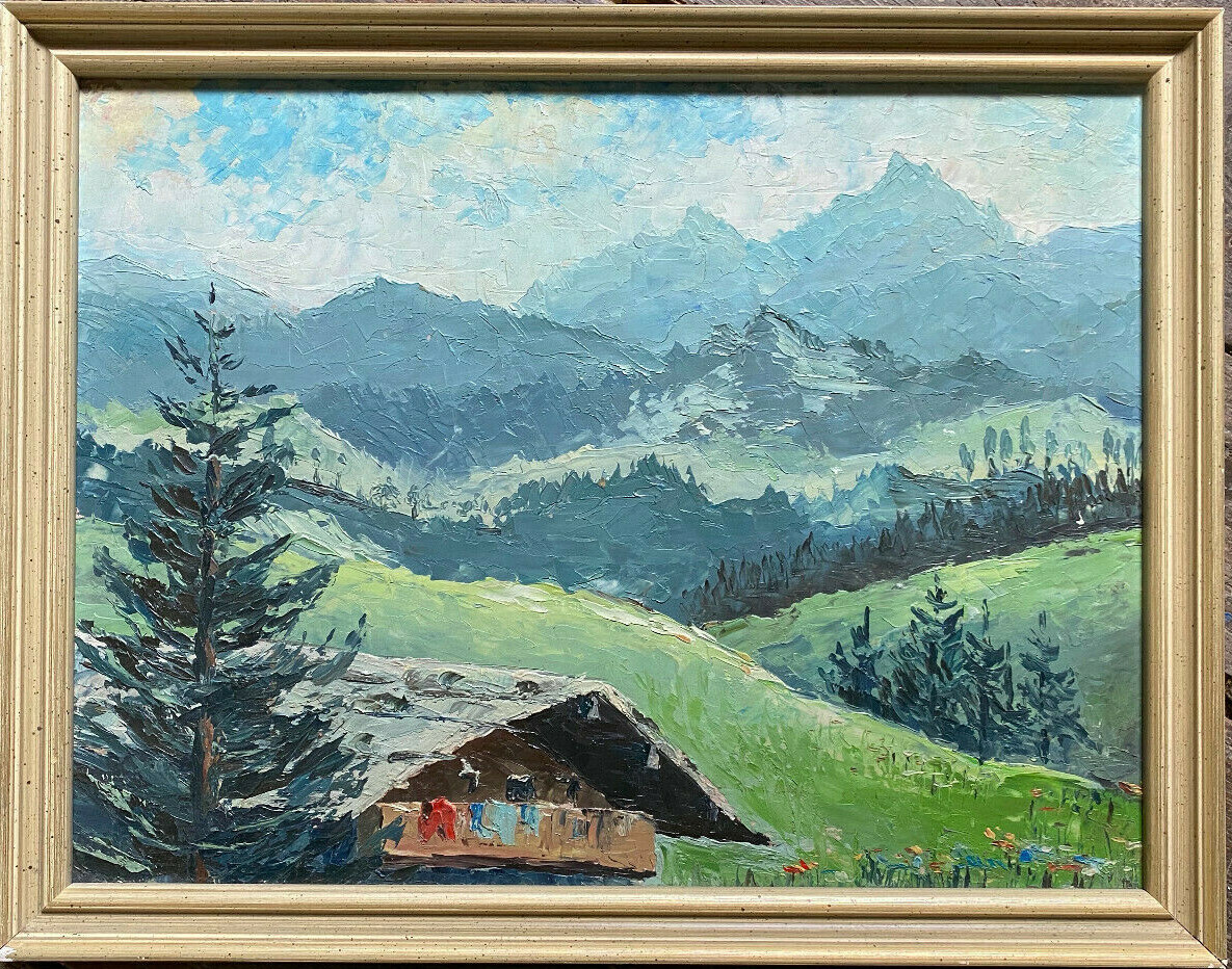 Alpine Mountains Wood House Hut Meadow Flowers Fir Trees Sun Snow Summer Antique