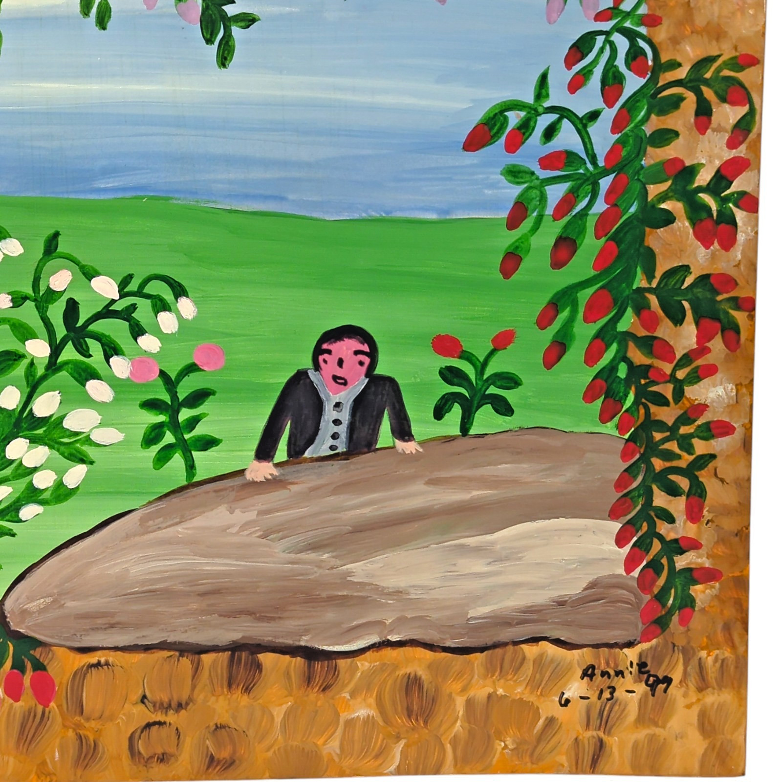 Annie Cochran Outsider Folk Art «Man Behind Rock» Original Painting Wood Signed