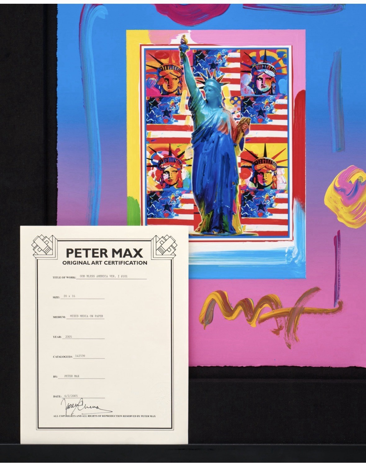 Peter Max Original Signed God Bless America Painting & Verso Dwg Beauty COA
