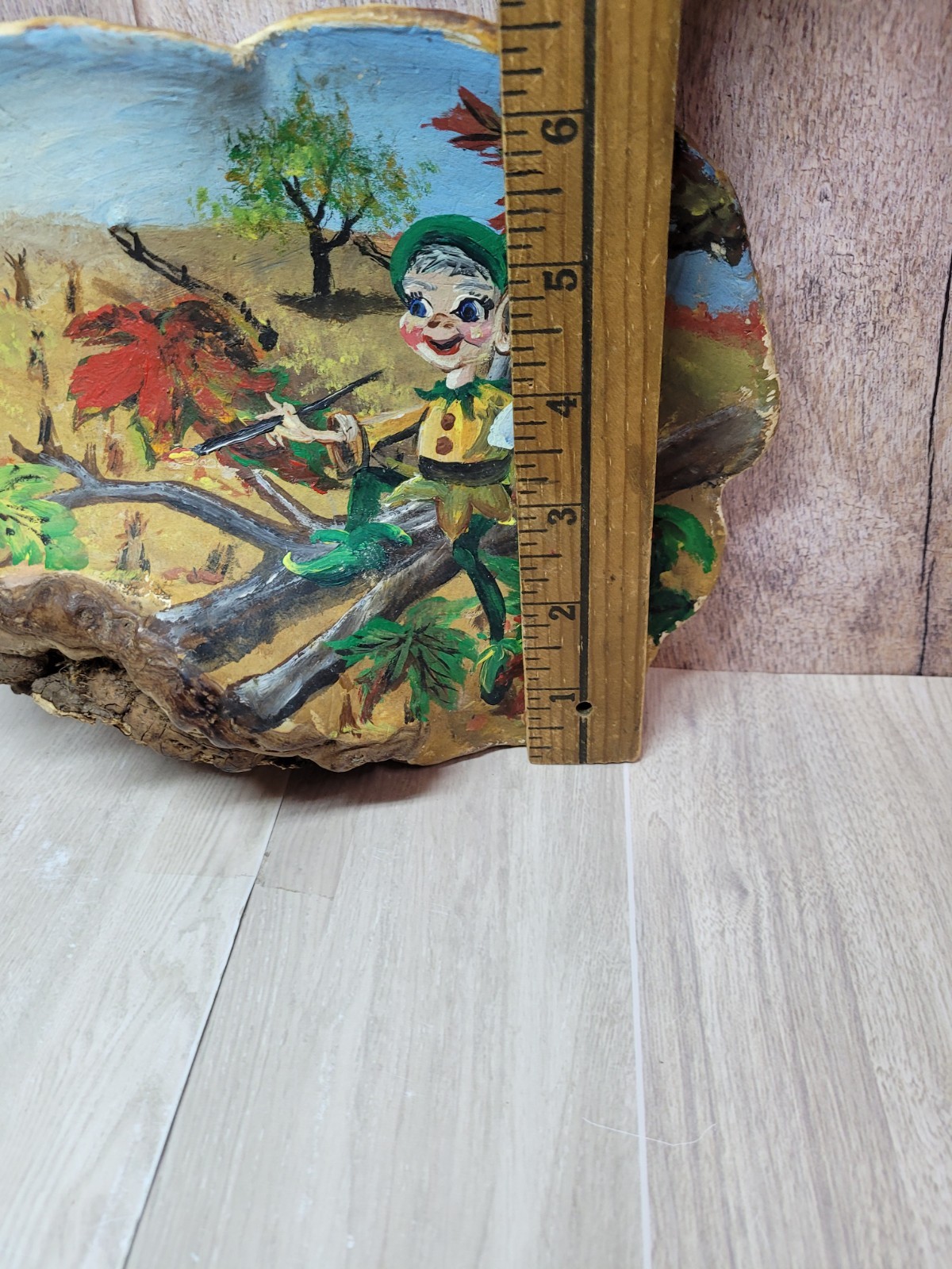 Vintage Hand Painted Conk Mushroom Pixie Scene Folk Art Woodland OOAK 1960s