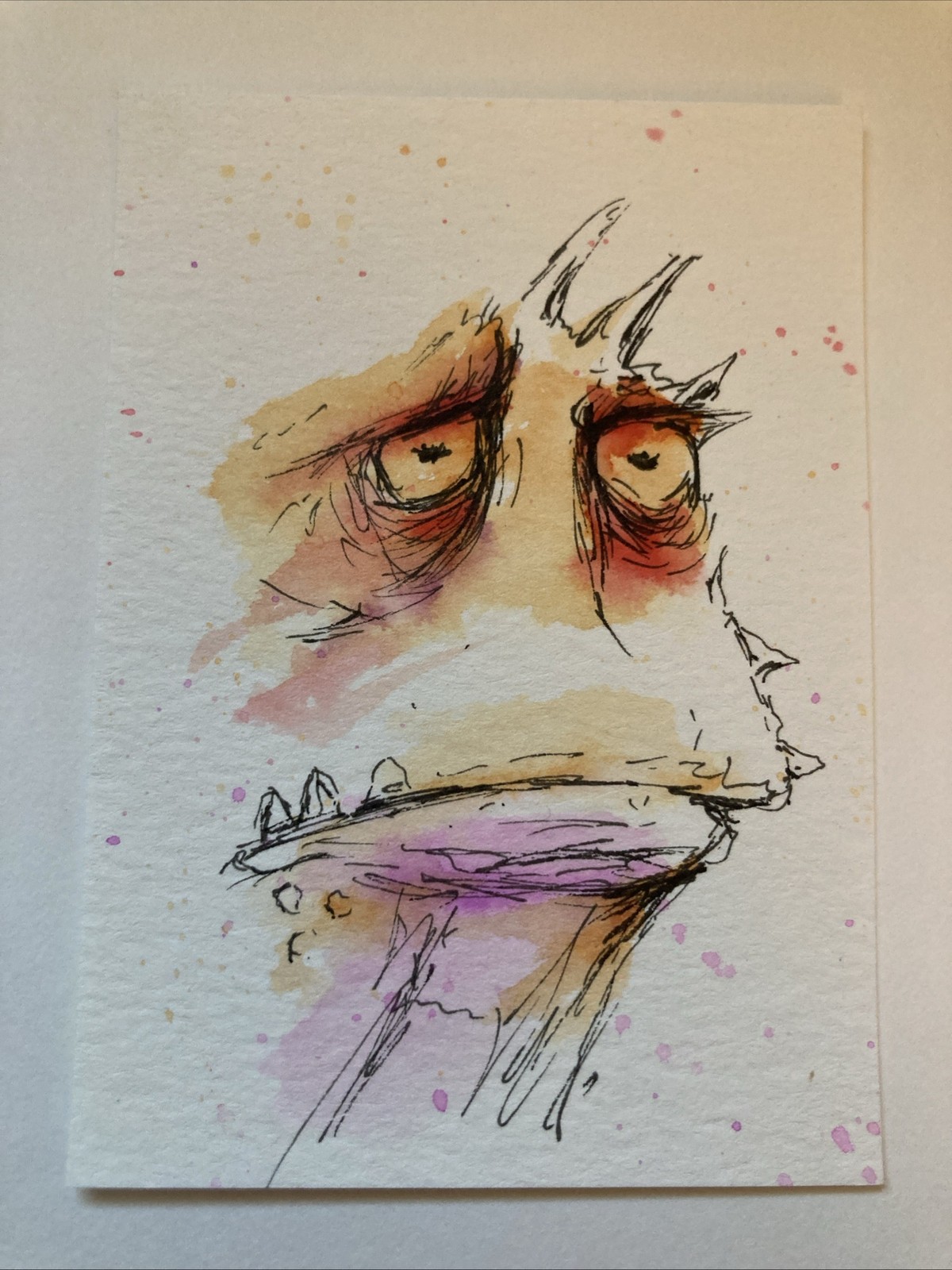 ACEO Original Watercolor Painting Abstract Monster ATC Artist Trading Card