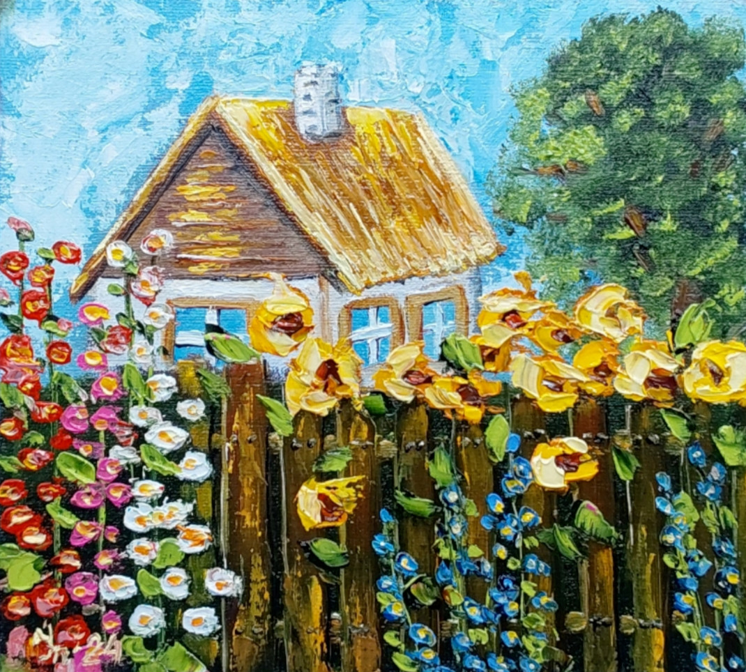 Original Rustic Cottage Painting with Sunflowers, Farm Art, Oil on Canvas 7×8 in
