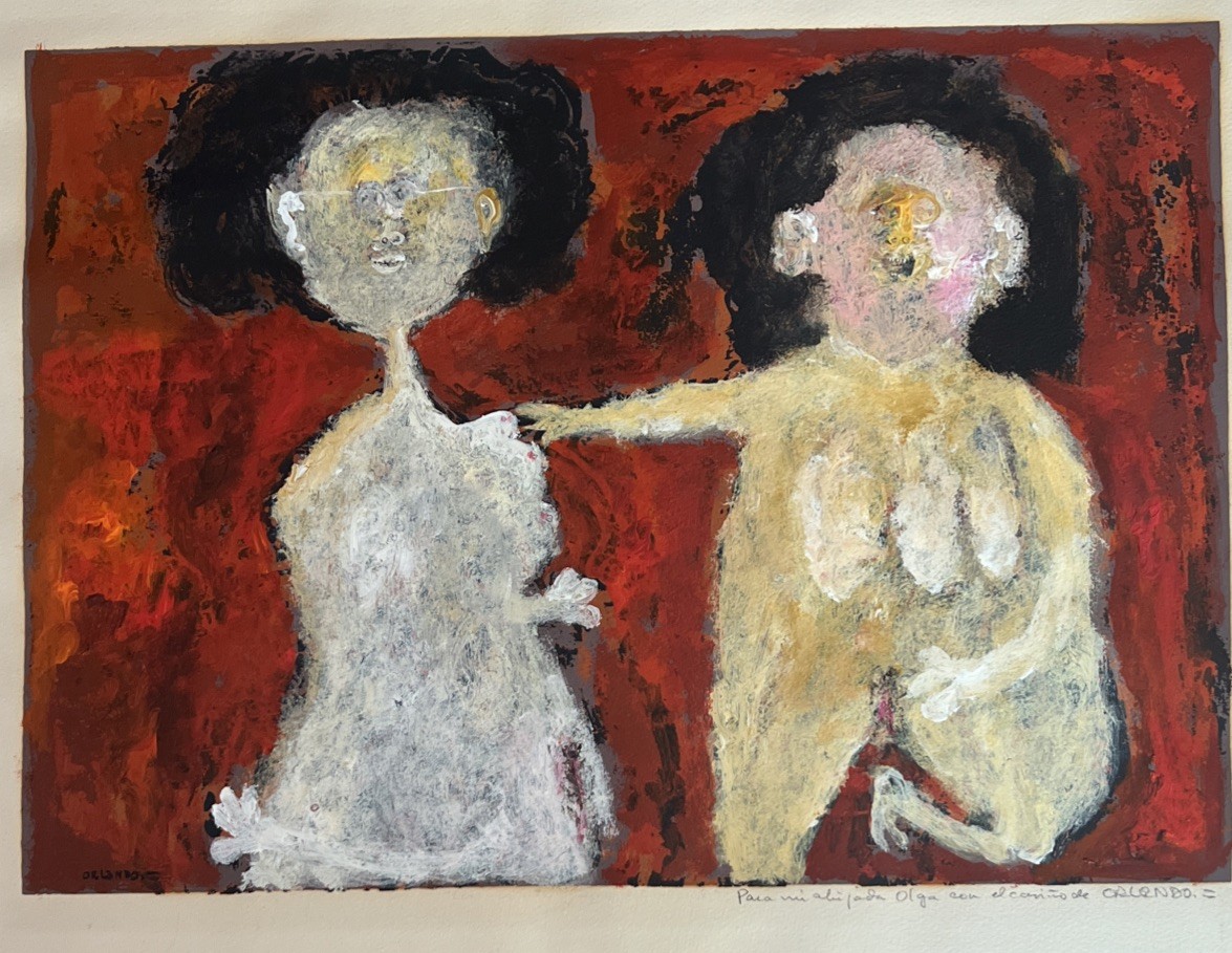 Felipe Orlando (Cuban 1911-2001) Art Brut Acrylic on Paper Signed Painting MCM