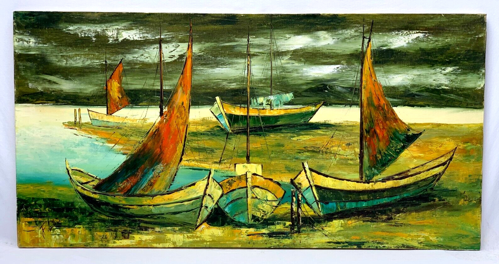F LEE LARGE SEASCAPE OIL PAINTING SAND DOCKED FISHING BOAT PALETTE KNIFE IMPASTO