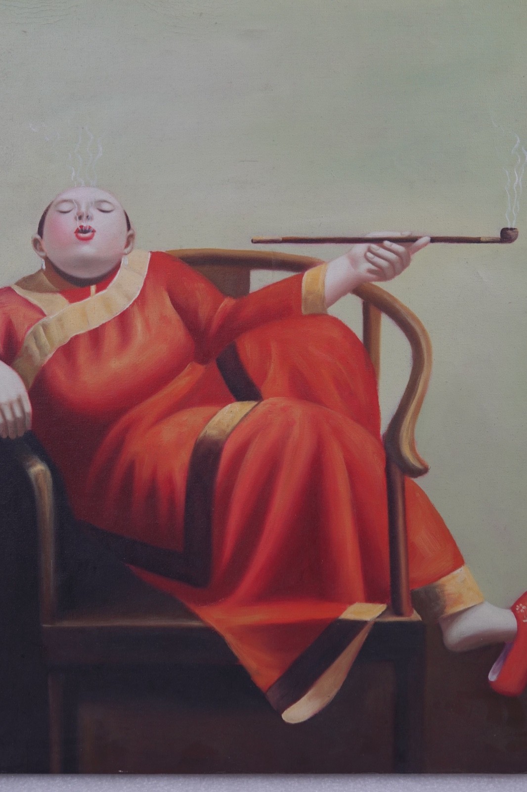 SMOKING FAT WOMAN ARTIST LIU BAO JUN OIL PAINTING REPRODUCTION ON CANVAS
