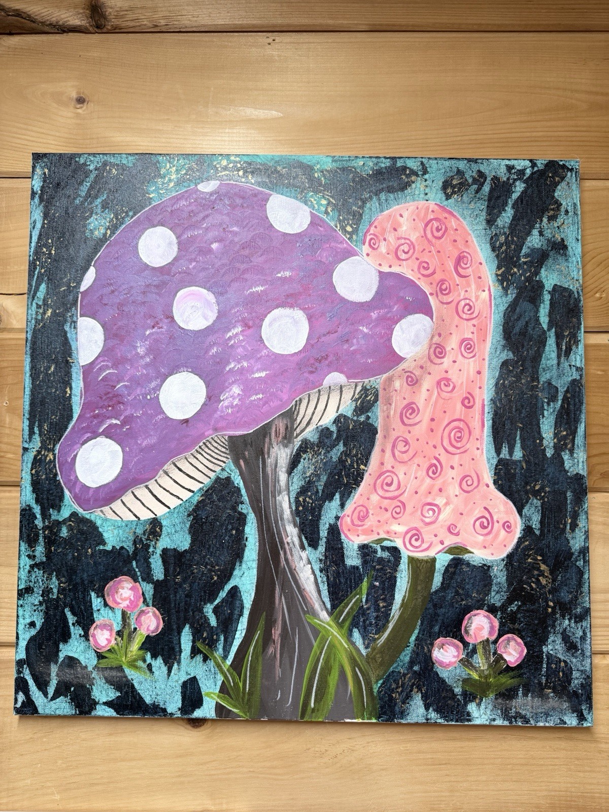 Original Mushroom Painting Canvas 24×24 Colorful Floral Nature Wall Art Acrylic