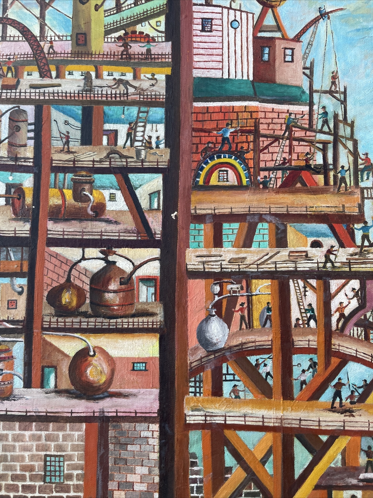 Vintage Industrial Painting Construction Workers Factory Urban Modernism Listed