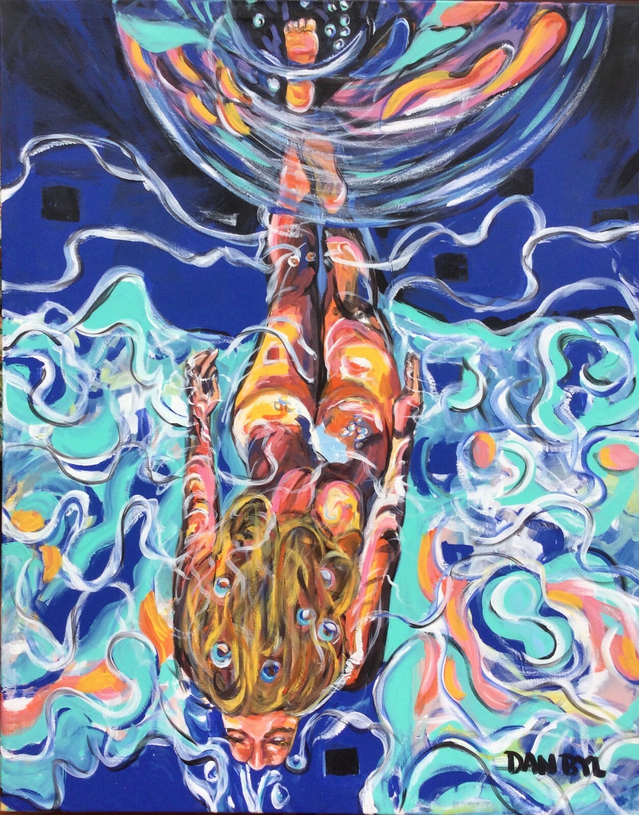 Bubble Girl Swimming Pool Original Art PAINTING DAN BYL Contemporary Modern 4×5′