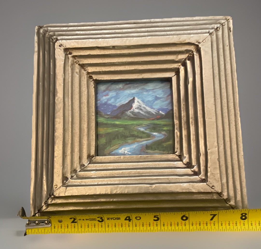 Vntg Small Landscape Painting Original Mountain River Handmade Metal Frame