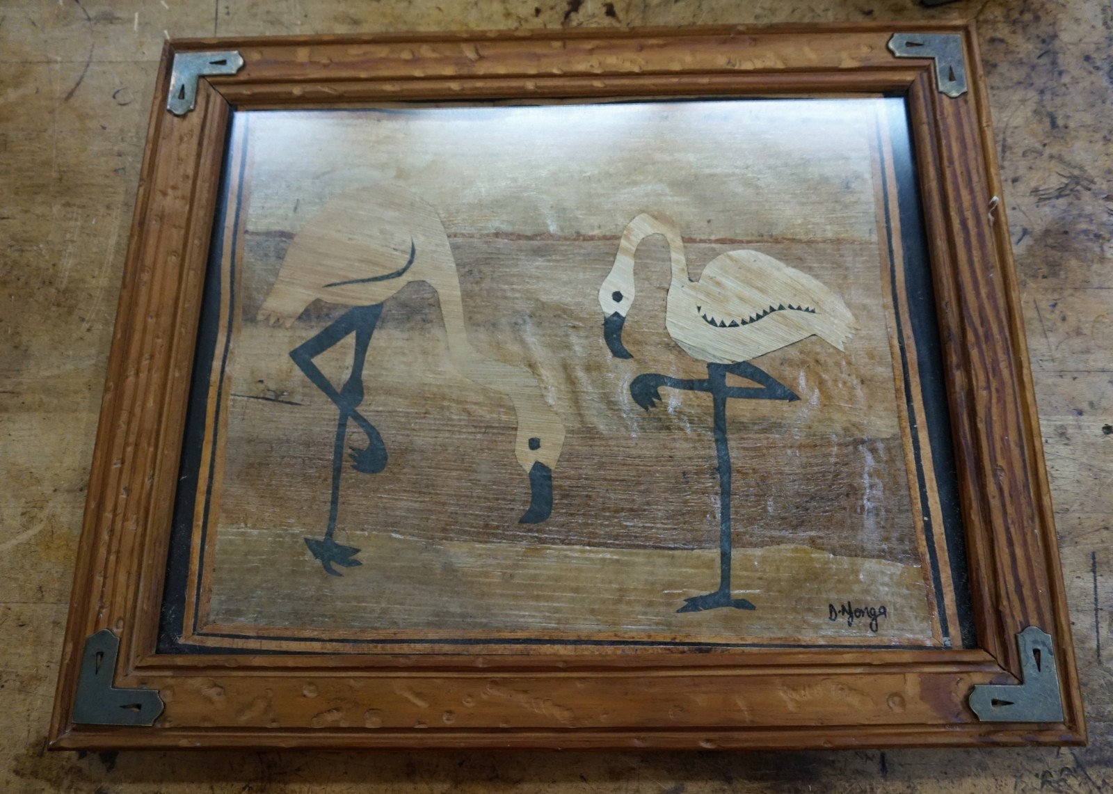 2 FLAMINGOS ON BAMBOO FRAMED BY ARTIST D.YONGA 16 X 13 FREE SHIPPING