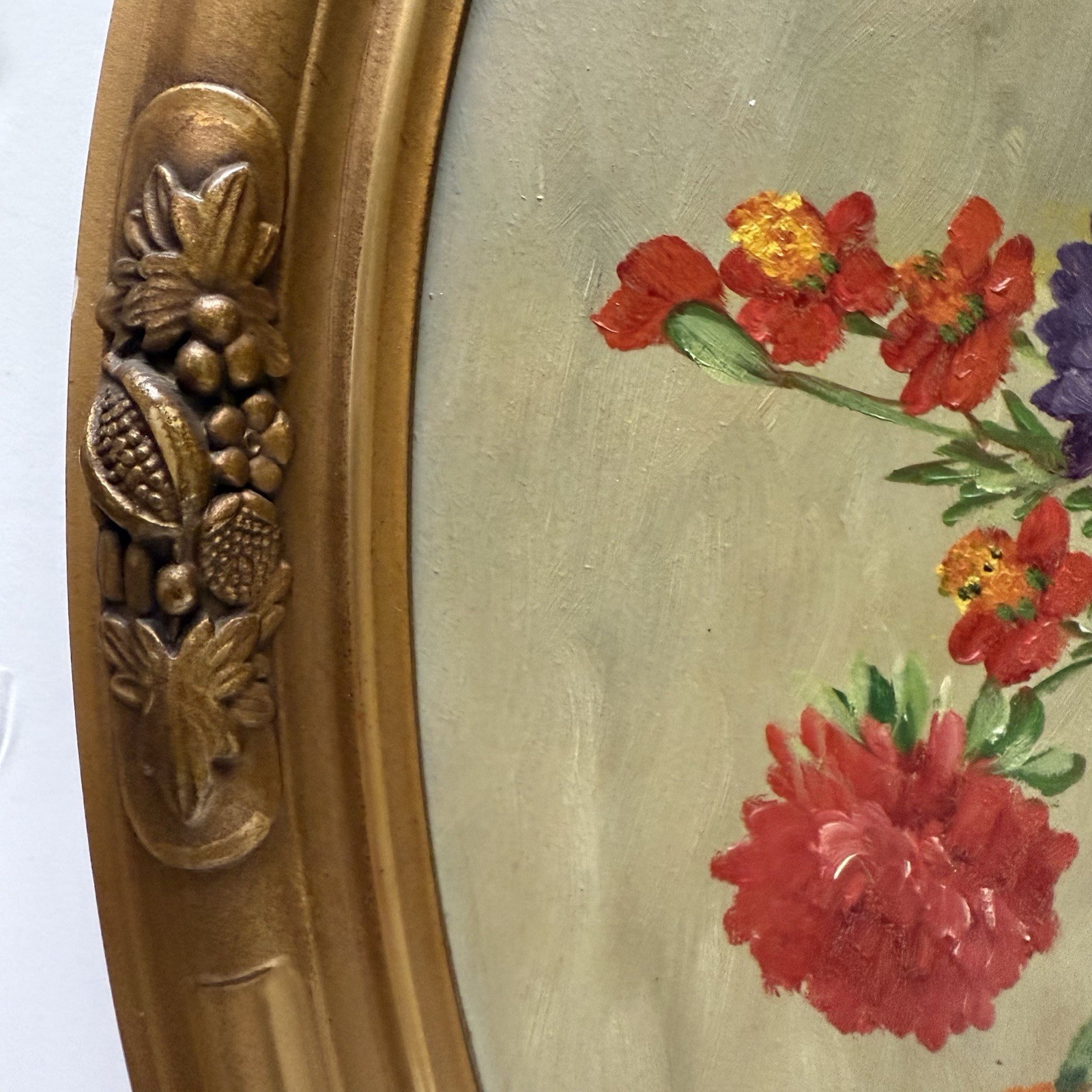 Vintage Original Signed Still Life Flowers in Vase Painting Gilt Oval Framed 22”