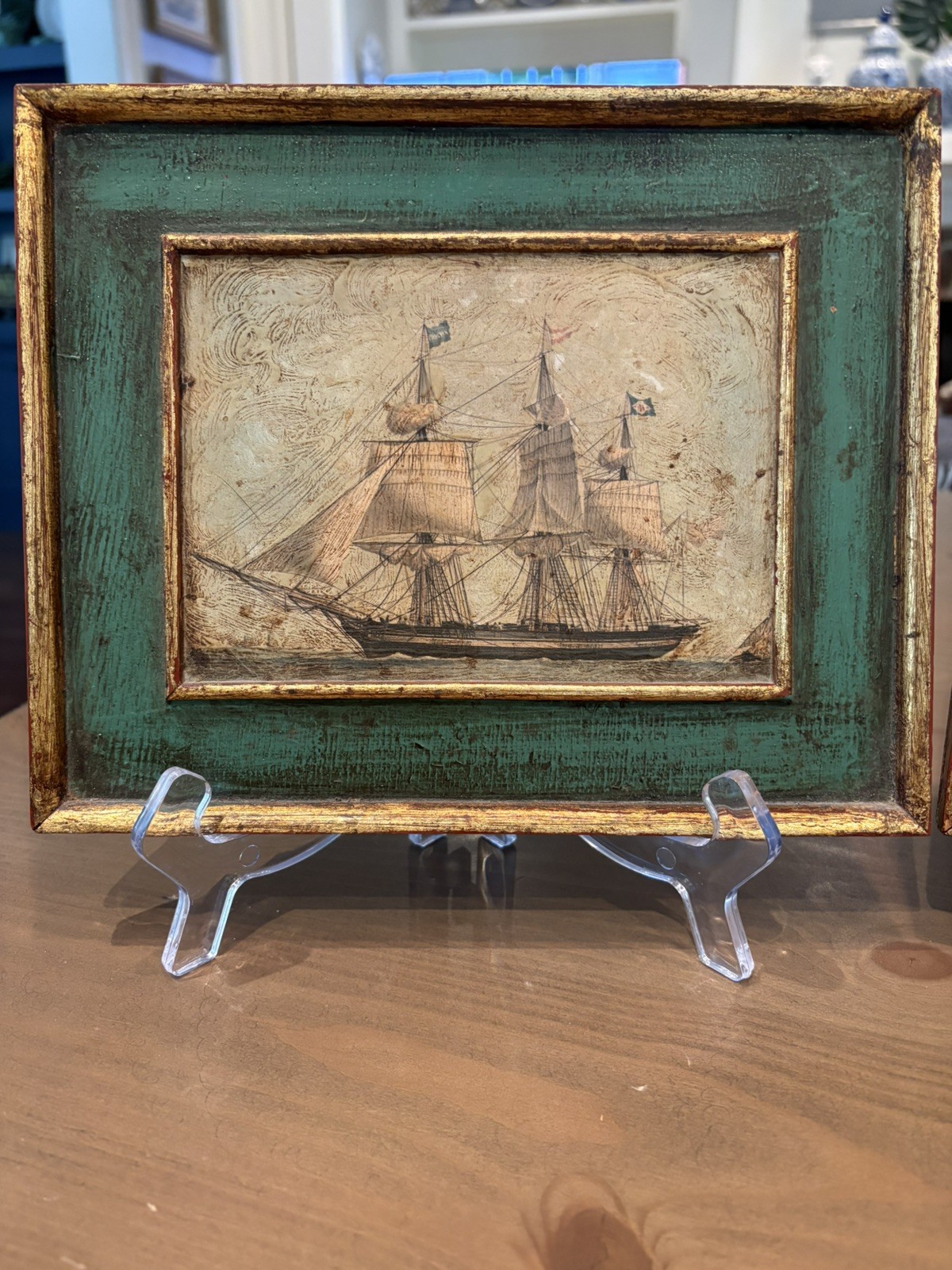Pair Vintage 19th C. Paintings 3 Masted Clipper Tall Ships Painted on Board