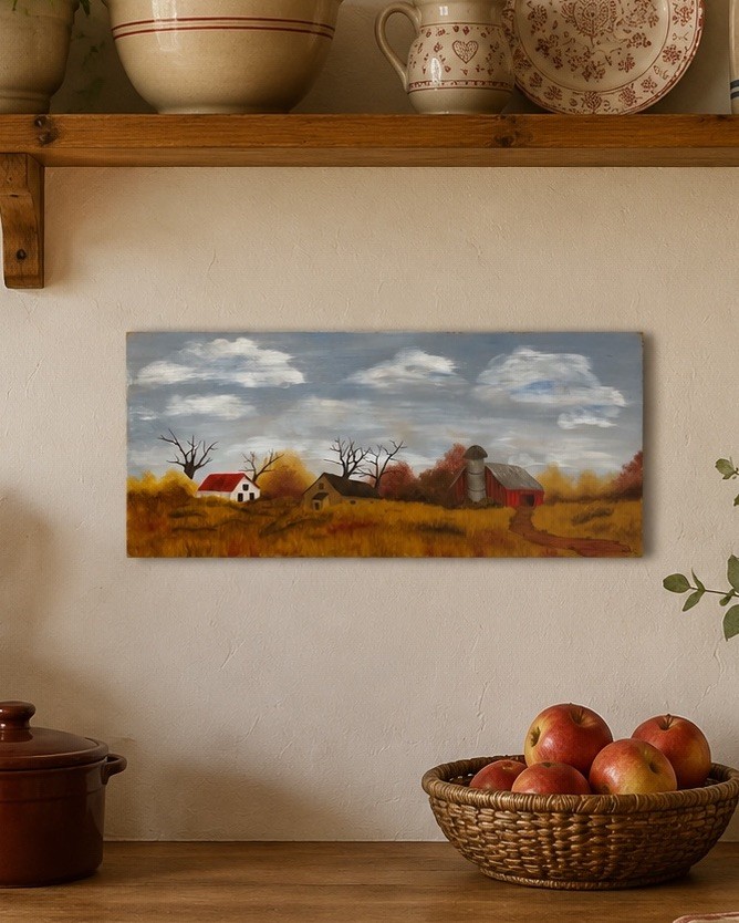 Vtg Primitive Country Red Barn Landscape Signed Painting On Wood 5.5” X 12”