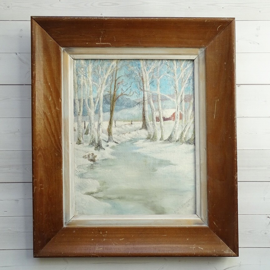 1967 Winter Landscape Oil Painting Promise of Spring Signed Park Darrow 14.5×12