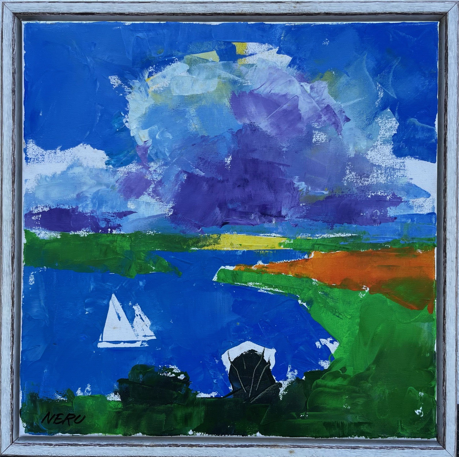 Expressionist Abstract Coastal Landscape with White Sailboat Oil Painting Maritime
