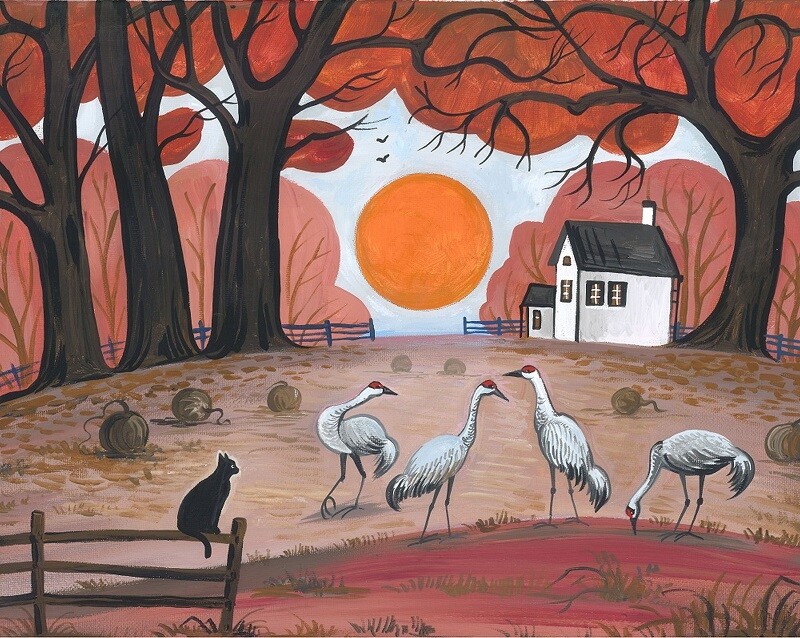 8×10 print of painting RYTA Halloween Black Cat farm house Autumn art landscape