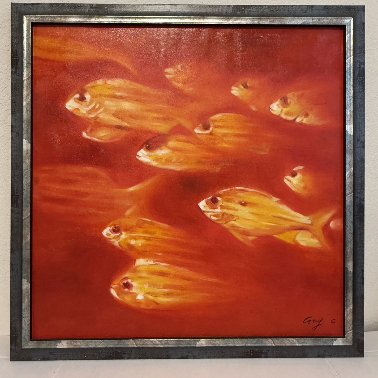 “Golden Harmony” School of Fish Original – 25.5”x26.5” Framed Oil on Canvas
