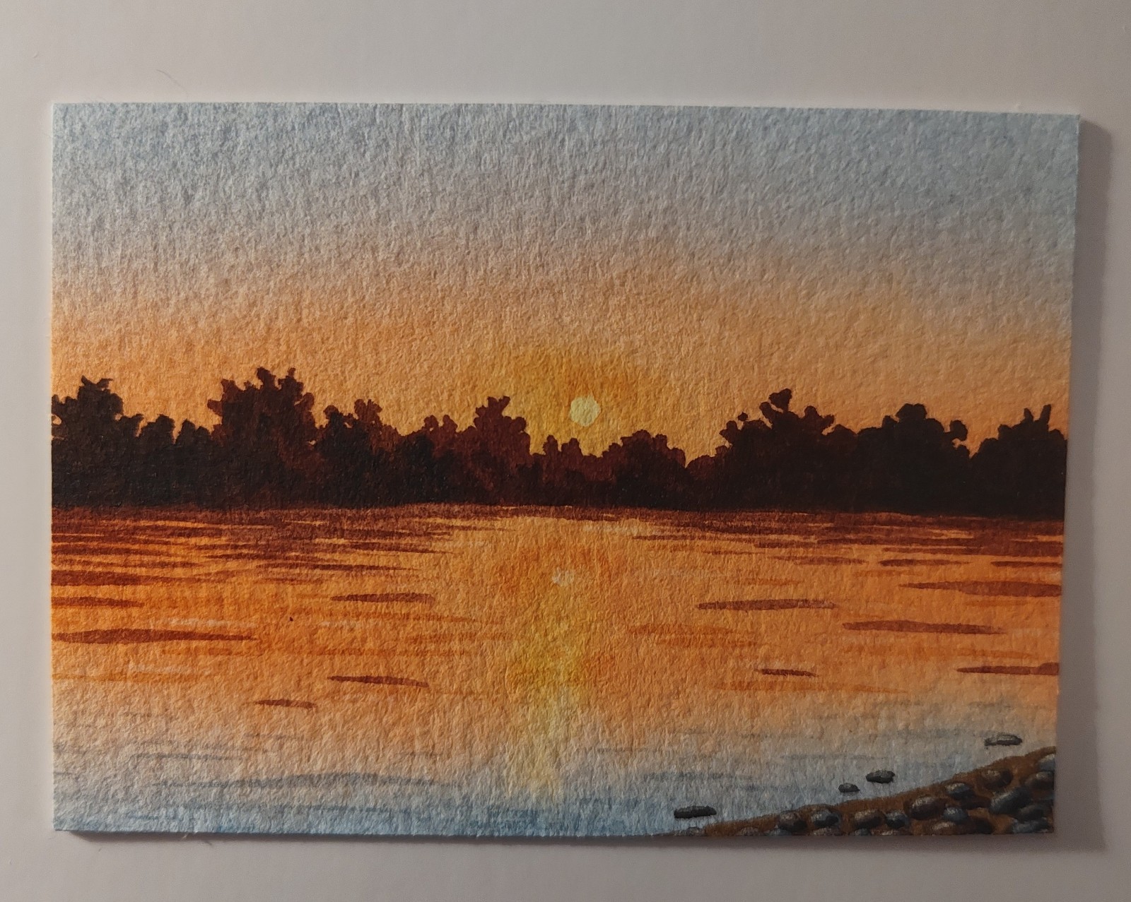 Realism Sunset Lake Landscape Trees Watercolor Painting Unframed