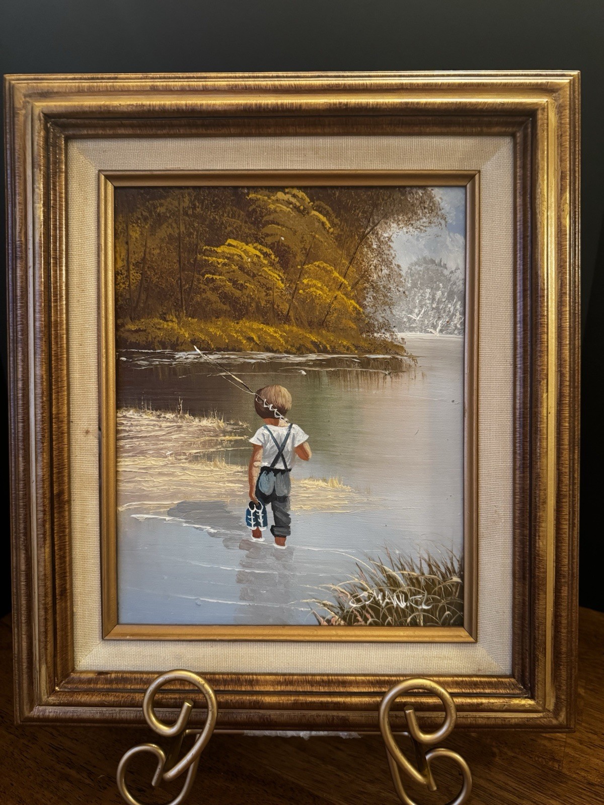 Signed Original Oil Painting Boy Fishing Landscape Wood Gold Frame Wall Art