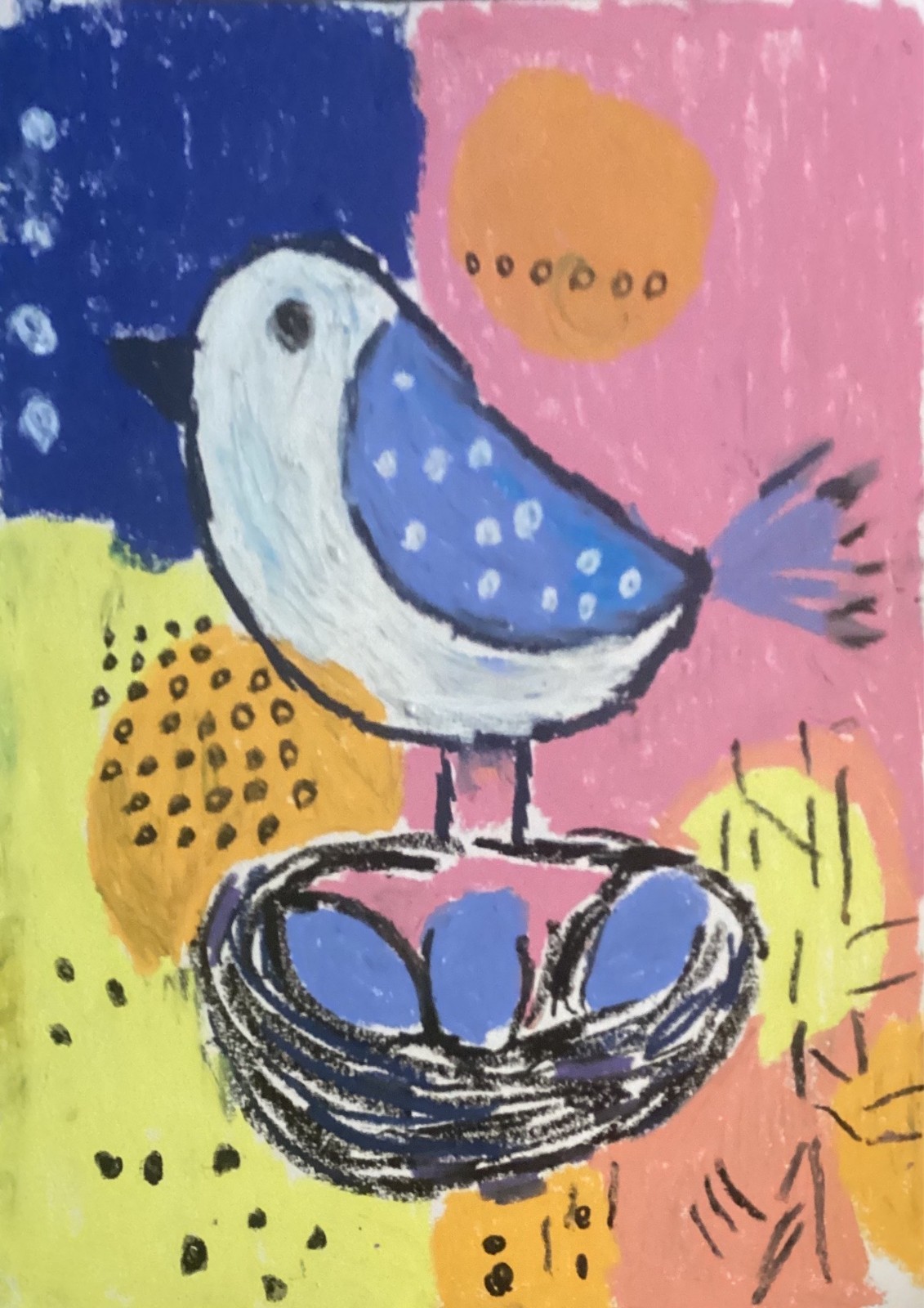 Abstract Colorful Expressionism Blue Eggs Bird Original Art 11×14 on Paper