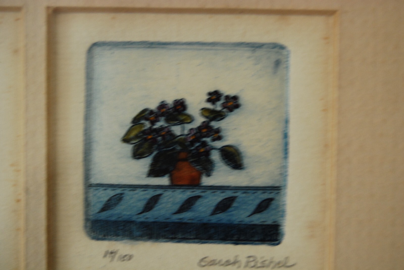 VTG FRAMED 3 MINIATURE SIGNED SARAH RISHEL COLORED ETCHING POTTED FLOWER PLANTS