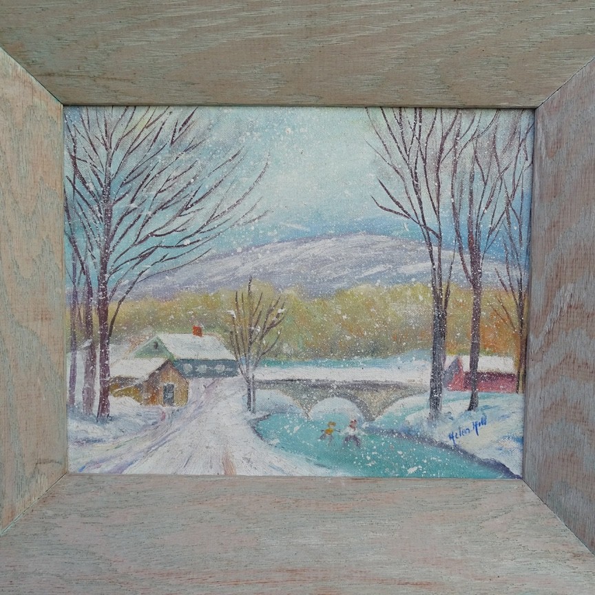Vintage Naive Winter Landscape Oil Painting Snow Day with Ice Skaters 13.5×11.5