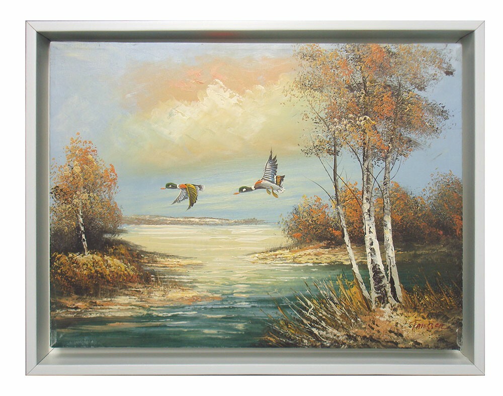 «Flying South» 12×16 Wildlife Landscape Oil Painting with Elegant White Frame