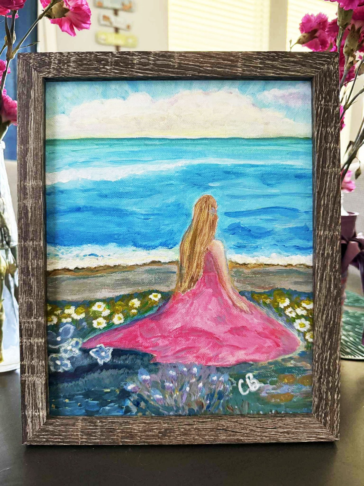 Original Painting Handmade Impressionism Seascape Landscape Dreamy Pink Dress