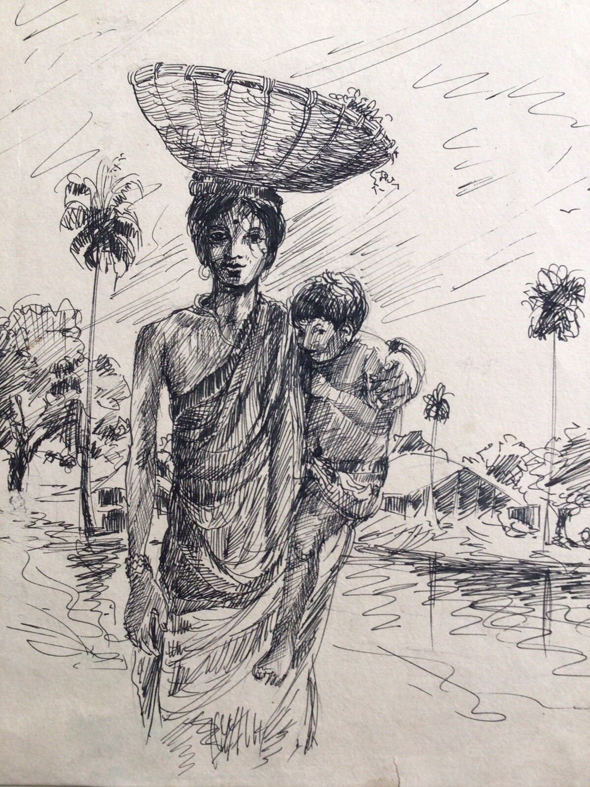 Bengal School Painting Mother & Child Indian Art Calcutta India Cross Hatch Old