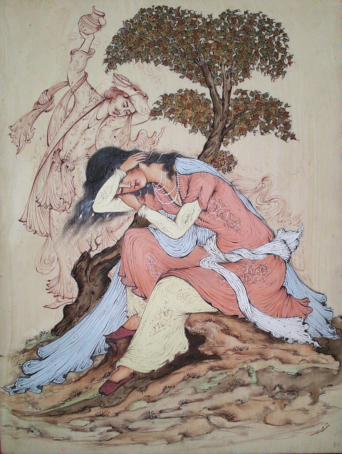 RARE PERSIAN MID-20TH C VINTAGE OPAQUE W/C FGRTV PNTNG, W/MICRO-MOSAIC PCTR FRM