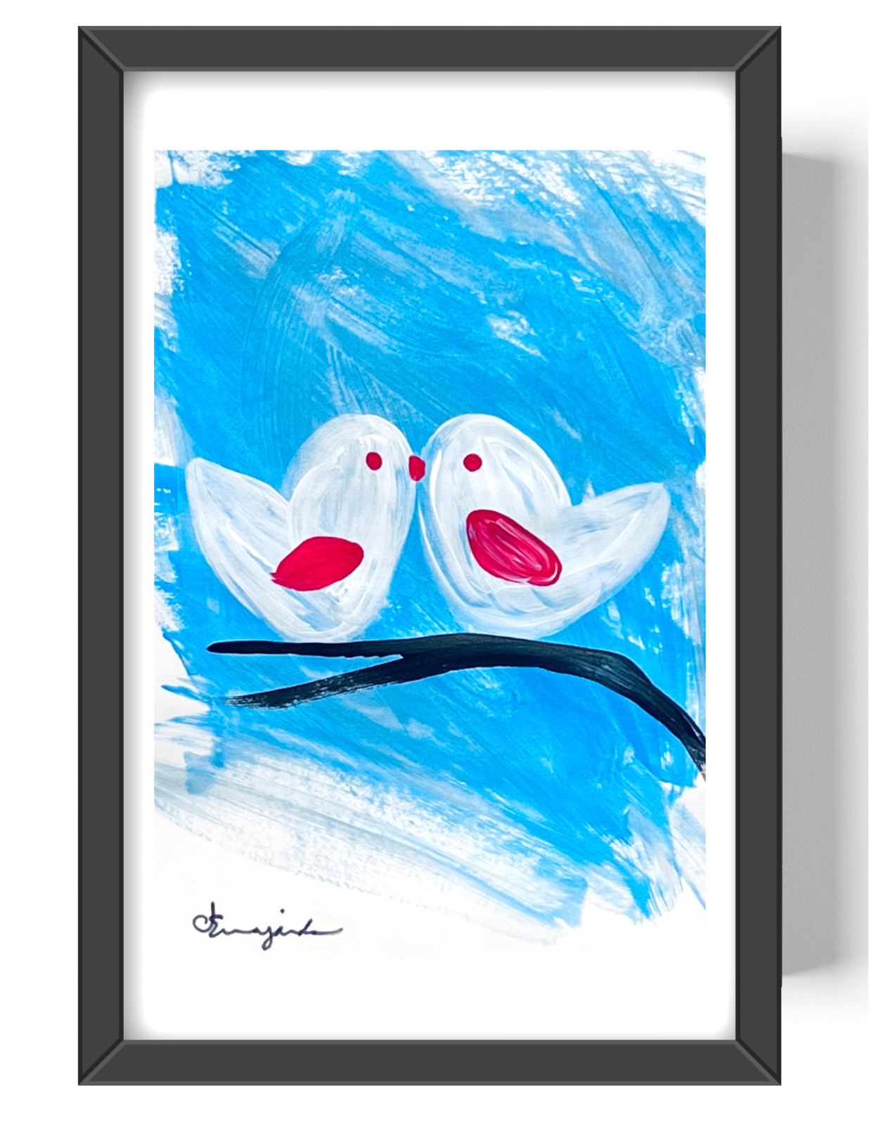 Guajardo Art White Love Heart Birds on Branch 9X6 Paper Unique Neo Expressionism