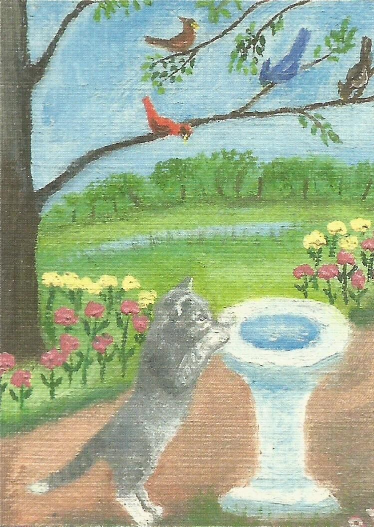 ACEO Print of original oil painting » Yum, Bird Flavor Water» cat birds flowers
