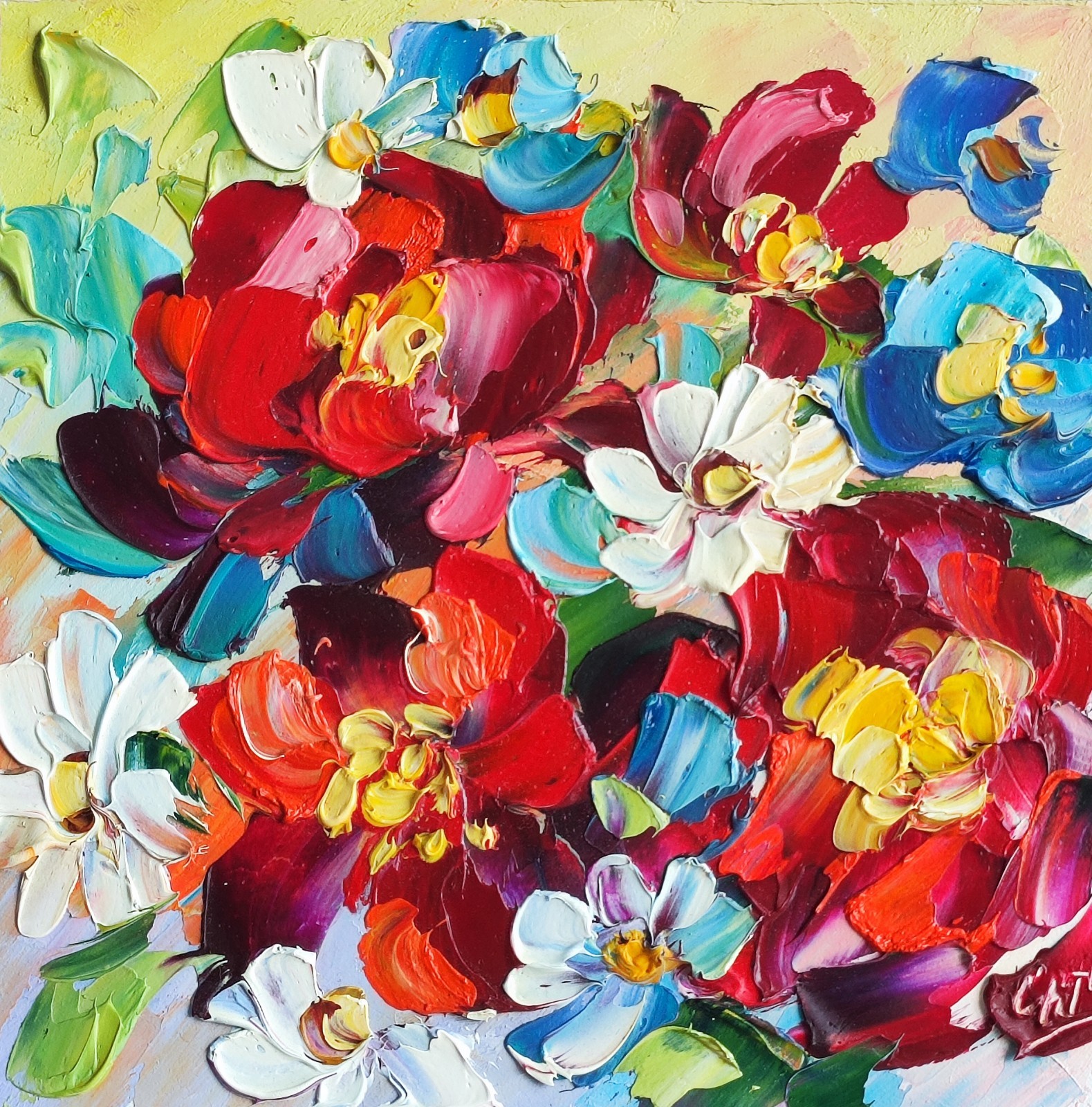 original oil painting Poppy Daisy wildflowers artwork Floral colorful art 6*6 in
