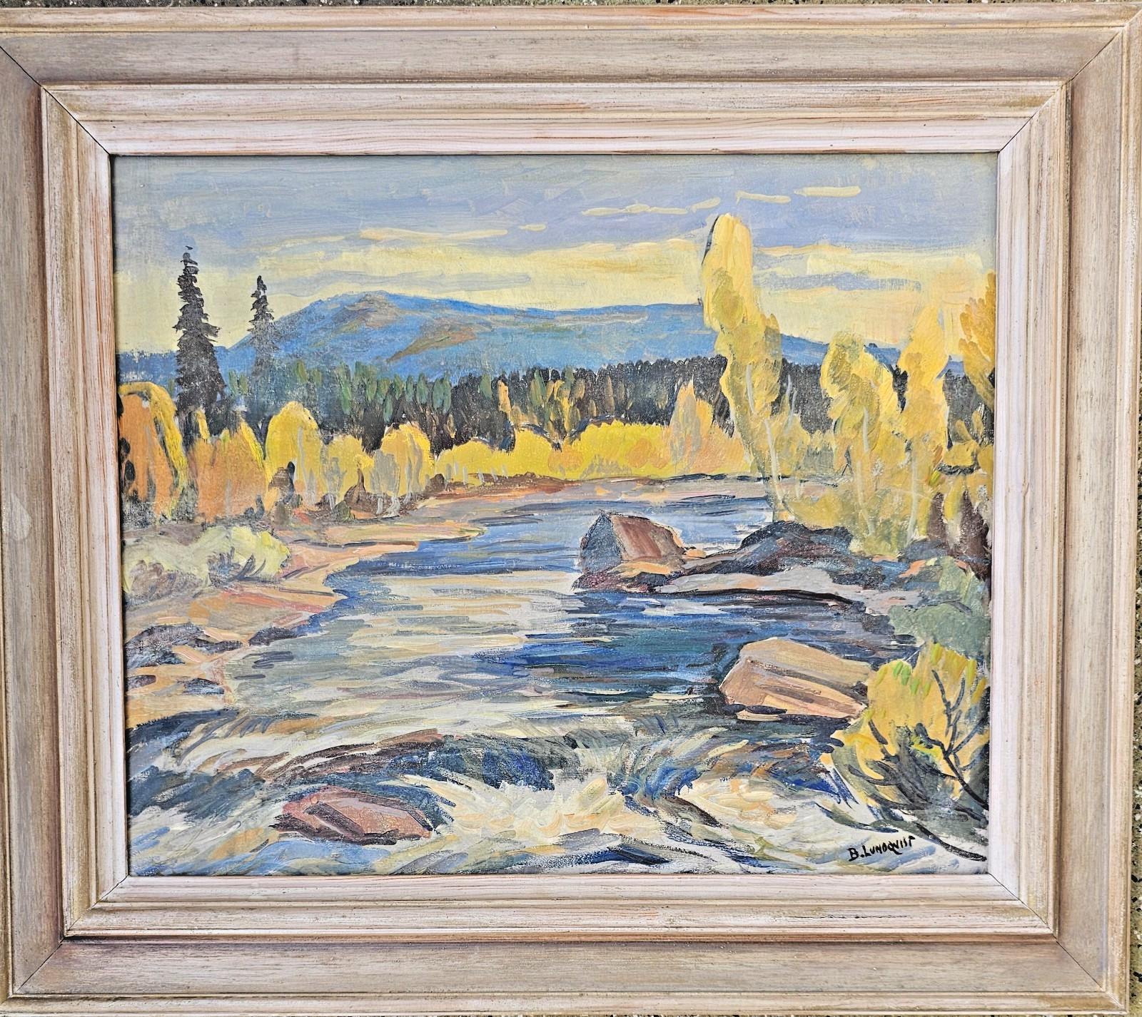 ORIGINAL NORDIC RIVER LANDSCAPE IN AUTUMN LIGHT OIL PAINTING BERTIL LUNDQVIST.