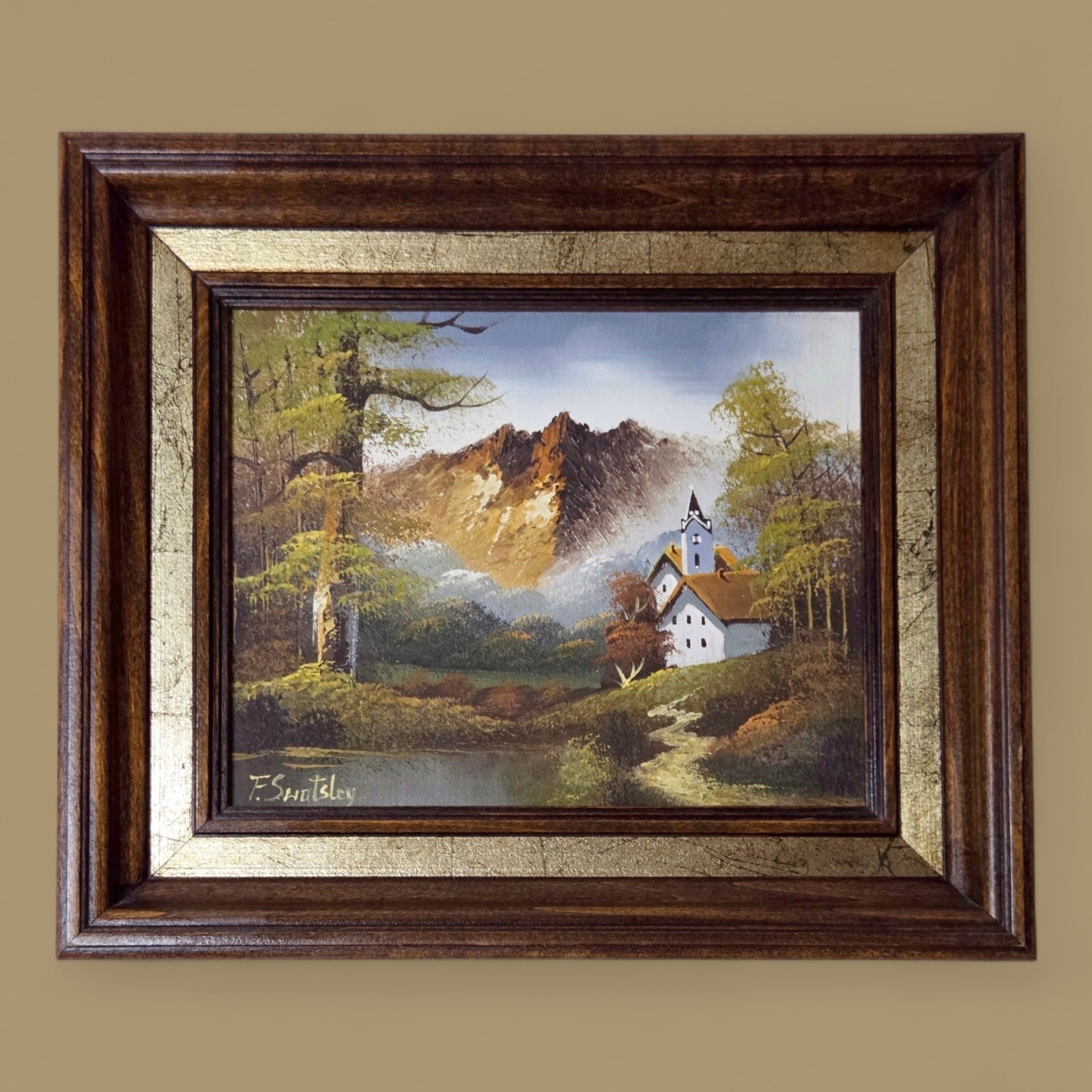 Vintage MCM Landscape Oil Painting Mountain Church Signed F Swatsley Framed Art