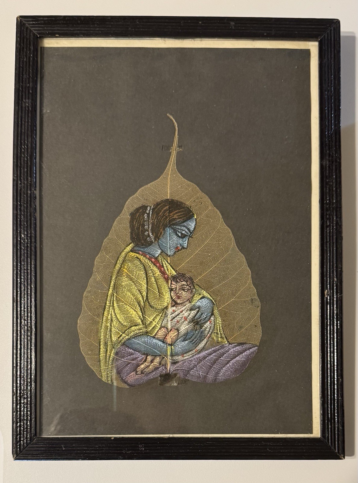 Vtg Hand Painted Oil Painting Woman & Child On Pipal Tree Leaf Peepal India