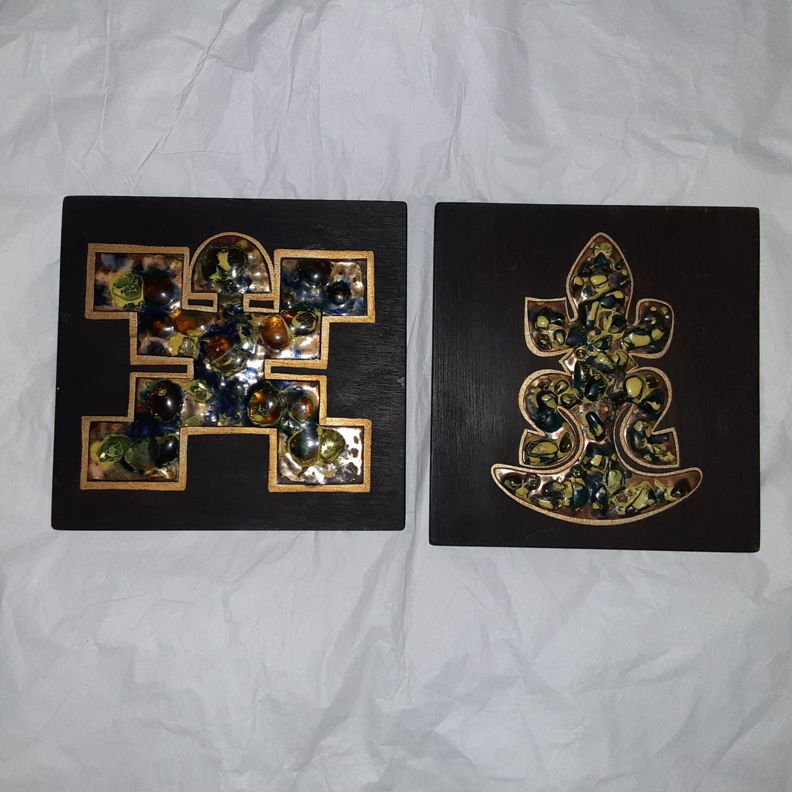 Precolumbian Shaped Frog Art Enamel On Copper Wall Plaques From Colombia MCM Vtg