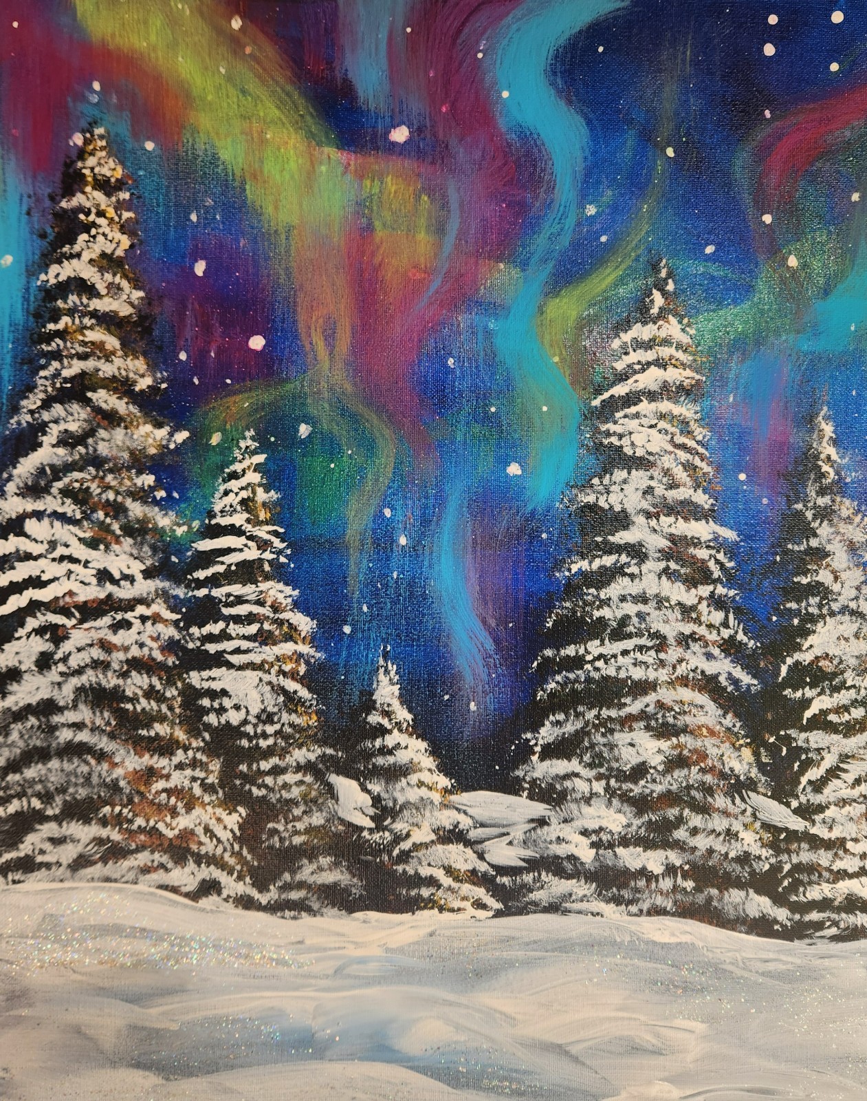Northern Lights Painting 16×20 Original Winter Forest Landscape Wall Art