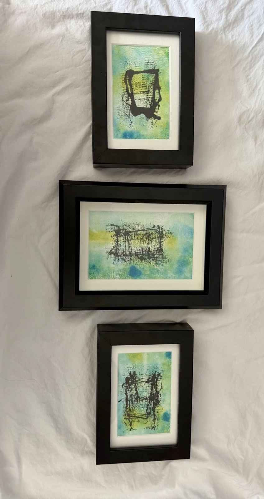 Original Framed Modern Abstract Set Of 3 Signed Paintings By Unknown Artist
