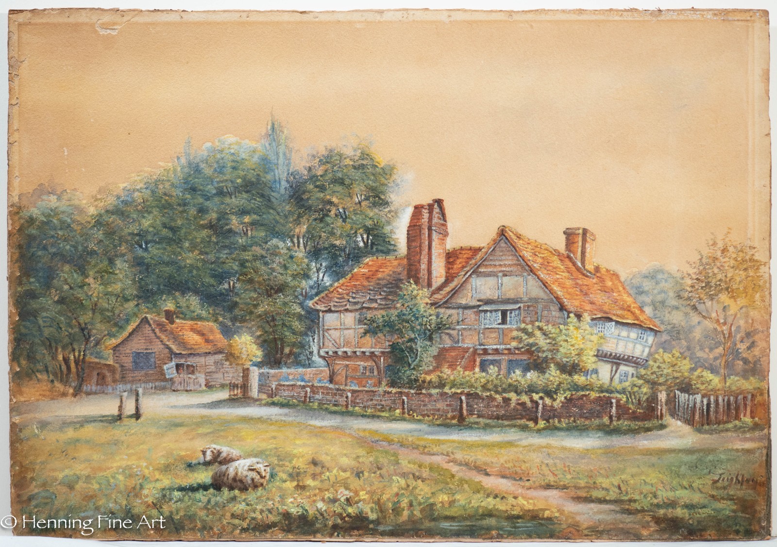 Stunning Antique Painting of English Cottage Signed Leighton, Tremendous 19th c.
