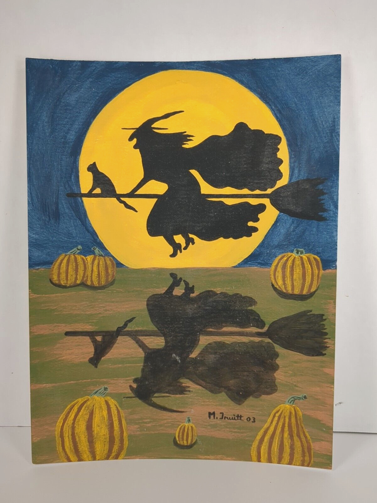 Original Halloween Painting Witch Black Cat Moon Shadow by Margaret Truitt