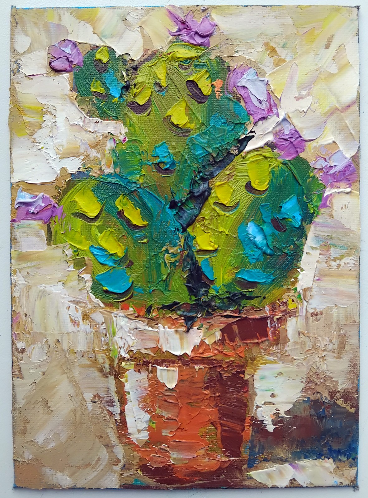 Small Happy Cactus 5×7″ Oil Painting – Blooming Cactus in a Terracotta Pot