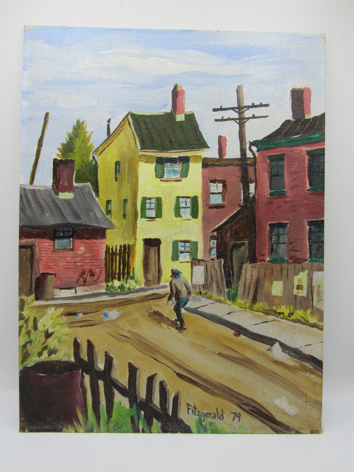 Signed Joseph Fitzgerald oil painting The Yellow House surreal outsider art 1979